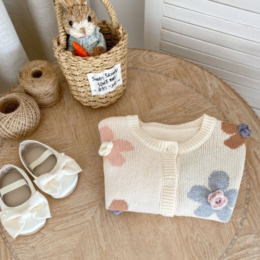 Hand Crocheting Flower Jacquard Round Neck Cardigan Knitted Coat