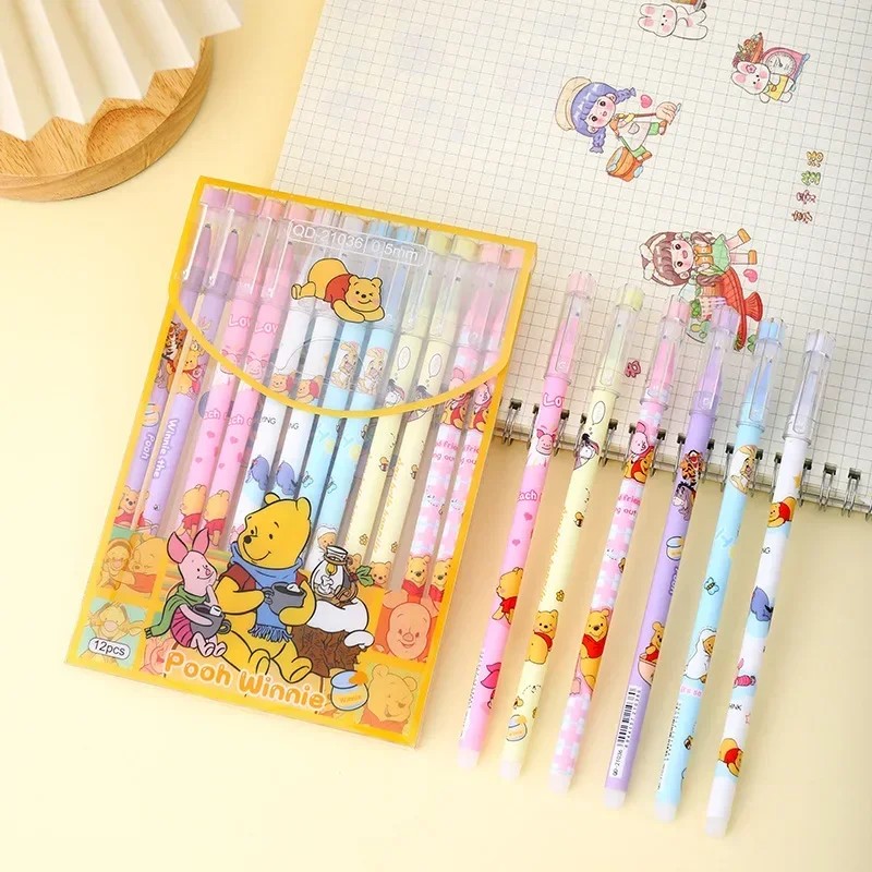 Disney 12pcs Gel Pen Cartoon Mickey Minnie Shape Children's Prize 0.5mm Black Pen for Office Supplies and Student Stationery
