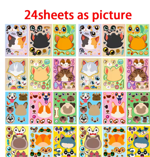 24Sheet Make Your Own Cats Stickers Kids DIY Make-A-Face Sticker Party Games School Activity Reward Puzzle Jigsaw Children Toy