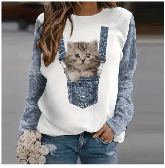 Loose Cat 3D Digital Printing Long Sleeve Crew Neck Sweater Women