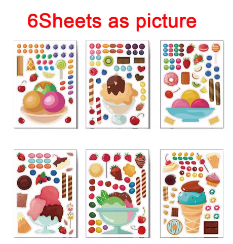 6-24sheets DIY Ice Cream Stickers for Kids Creative Make Your Own Dessert Decals Puzzle Stickers Party Supplies Decoration Gifts