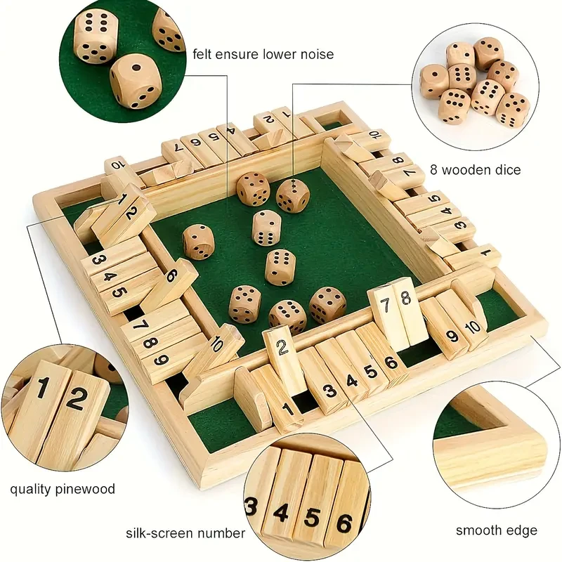 Shut the Box Family Game - 4-Sided Wooden Board with 8 Dices