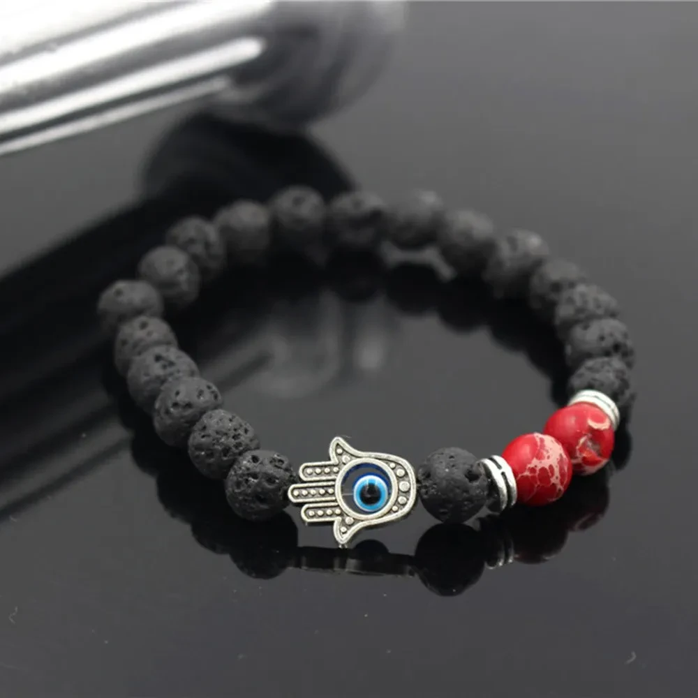 Lava Volcanic Stone Red Pine Beads Bracelet Hand Of Fatima