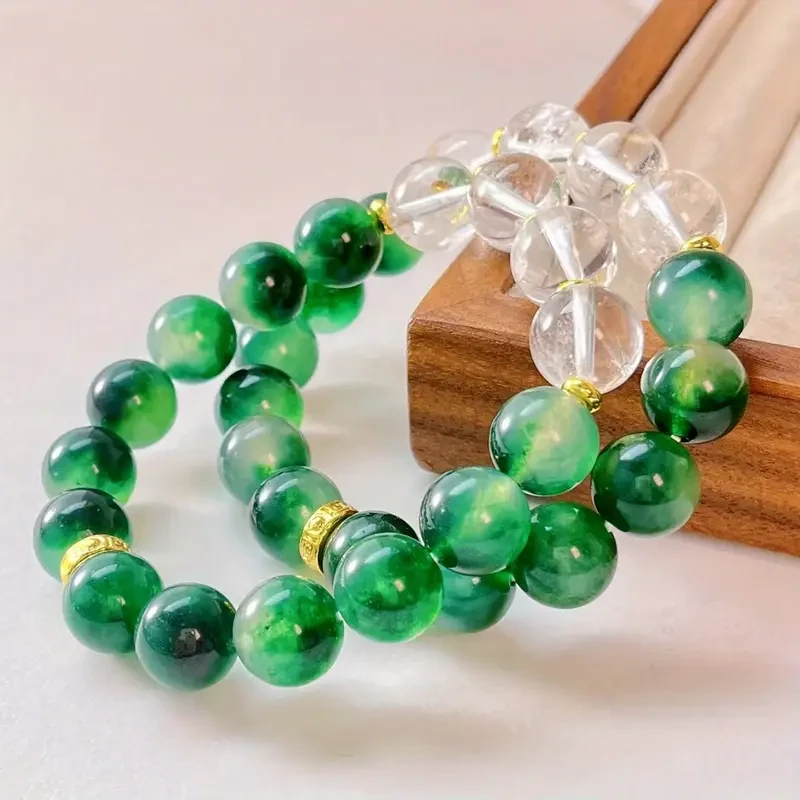 Vintage Moss Agate & White Crystal Beaded Bracelet Handcrafted, Elegant Design with Clear Vein Patterns