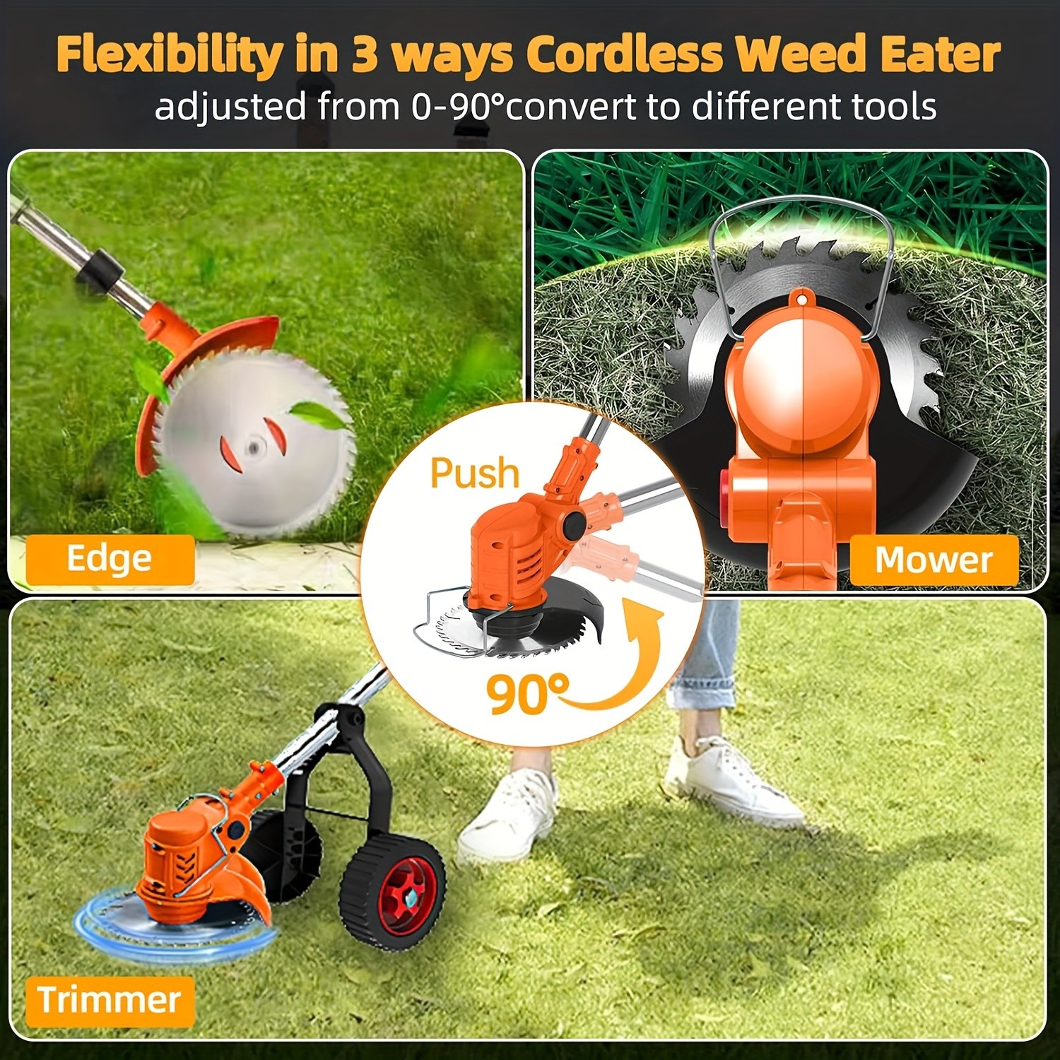 Electric Weed Wacker with Wheels Stringless Grass Trimmer, 4-in-1 Electric Weed Eater/Edger/Bush Trimmer/Mower, Length & Angle Adjustable Weed Trimmer with 2Pcs 21V/2000mAh Battery