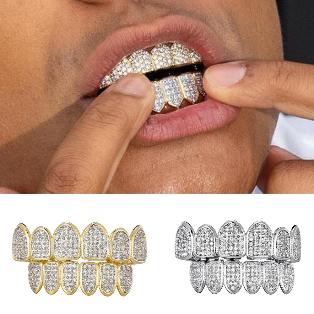 Feel Style Cool Teeth Grillz Set for Unisex  Cubic Zirconia Stone Top & Bottom Grillz,