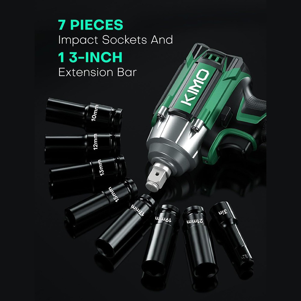 Cordless Impact Wrench 1/2", Premium Brake Stop, 3000 RPM & Max Torque 350 ft-lbs (475N.m), 7 Sockets & 3 Inch Extension Bar, 1/2 Impact Gun