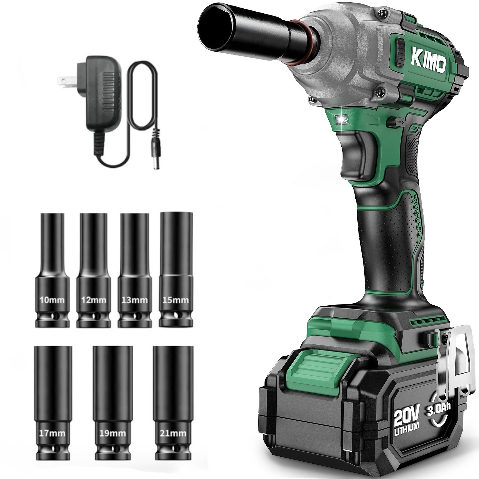 Cordless Impact Wrench 1/2", Premium Brake Stop, 3000 RPM & Max Torque 350 ft-lbs (475N.m), 7 Sockets & 3 Inch Extension Bar, 1/2 Impact Gun