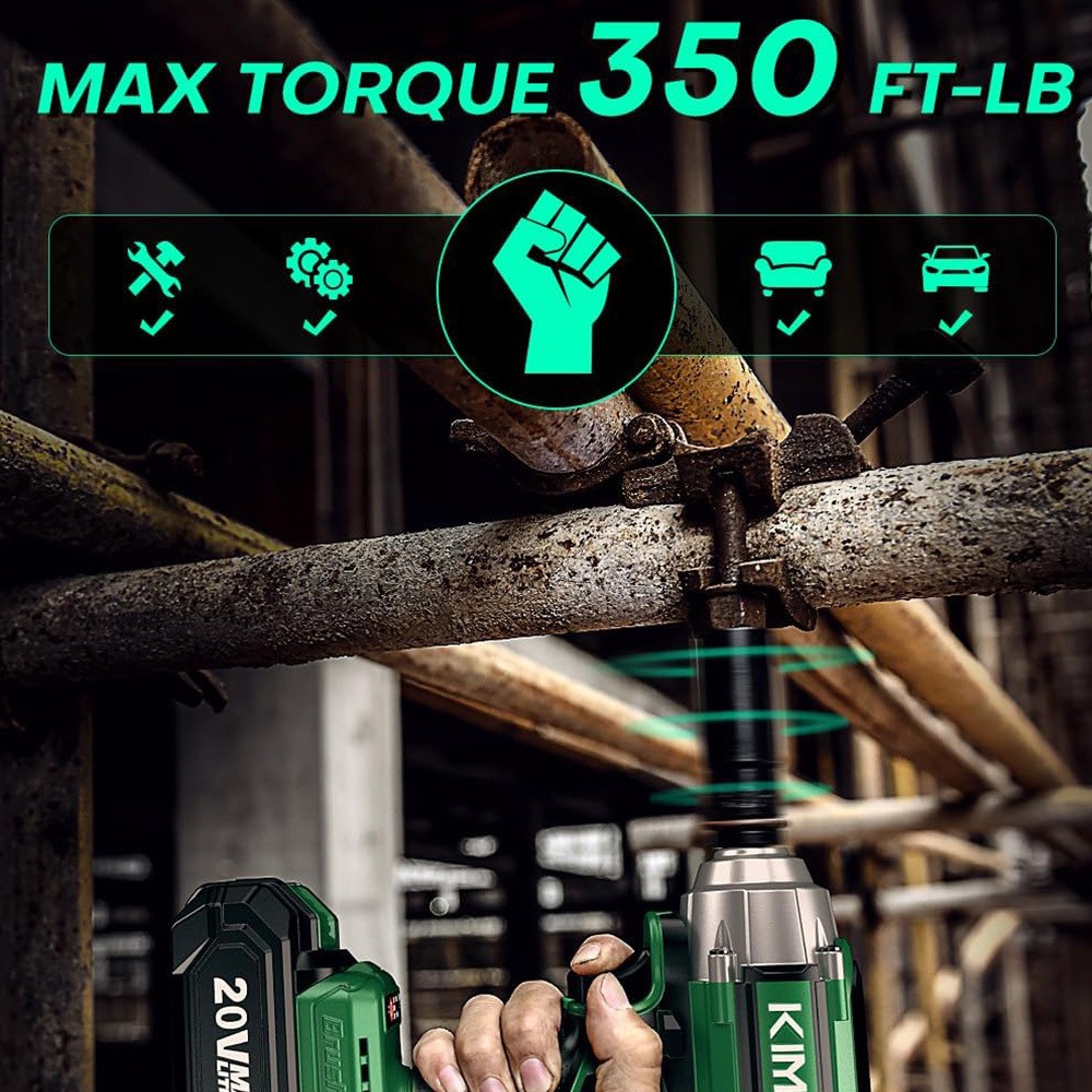 Cordless Impact Wrench 1/2", Premium Brake Stop, 3000 RPM & Max Torque 350 ft-lbs (475N.m), 7 Sockets & 3 Inch Extension Bar, 1/2 Impact Gun