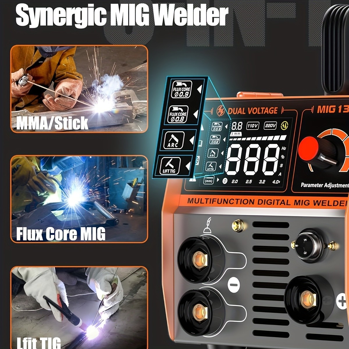 135A Flux Core MIG Welder 110V/220V 3-IN-1 MIG/ARC/Lift TIG Welding Machine IGBT DC Inverter Gasless Welder Synergy Welding Machine