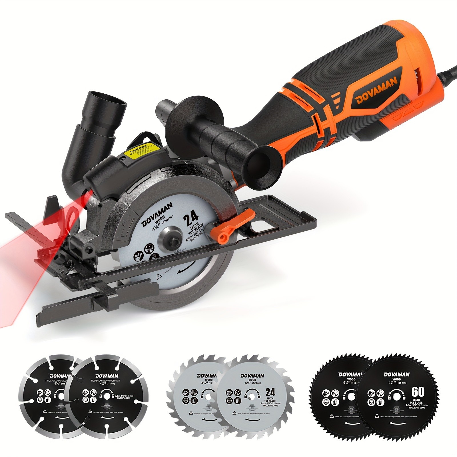 MCS01A Circular Saw, 5.8A 4-1/2" Circular Saw W/Laser, Metal Auxiliary Handle, 6 Saw Blades (4", 4"), Cutting Depth 1-11/16" (90), 1-3/8" (45), Ideal For Wood, Soft Metal, Plastic, Tile