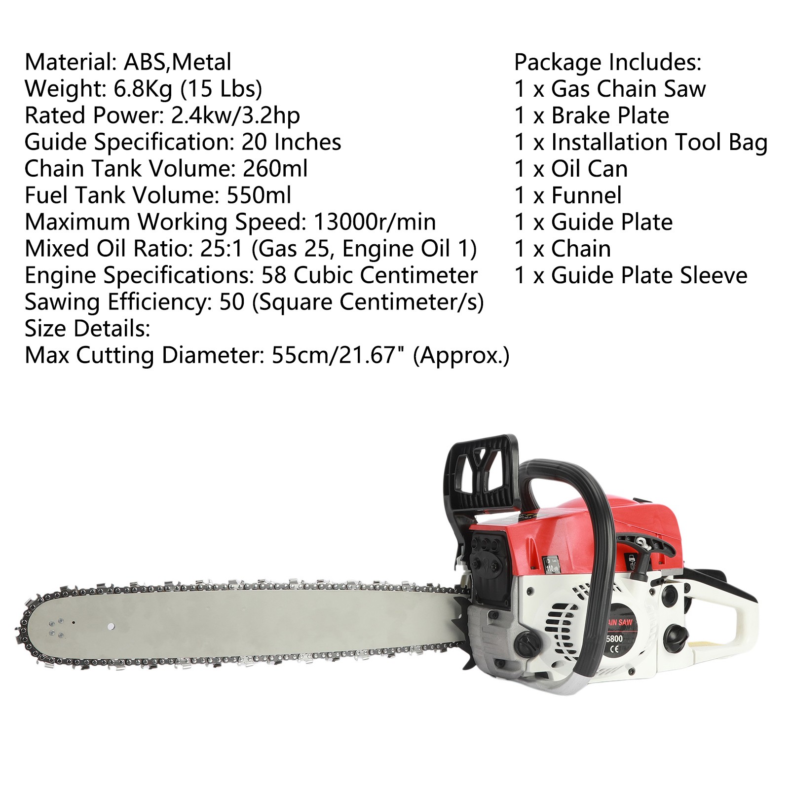 21.67-Inch High-Powered Versatile 58-Cubic-Centimeter Rust-Resistant Wood Chainsaw for Wood Cutting