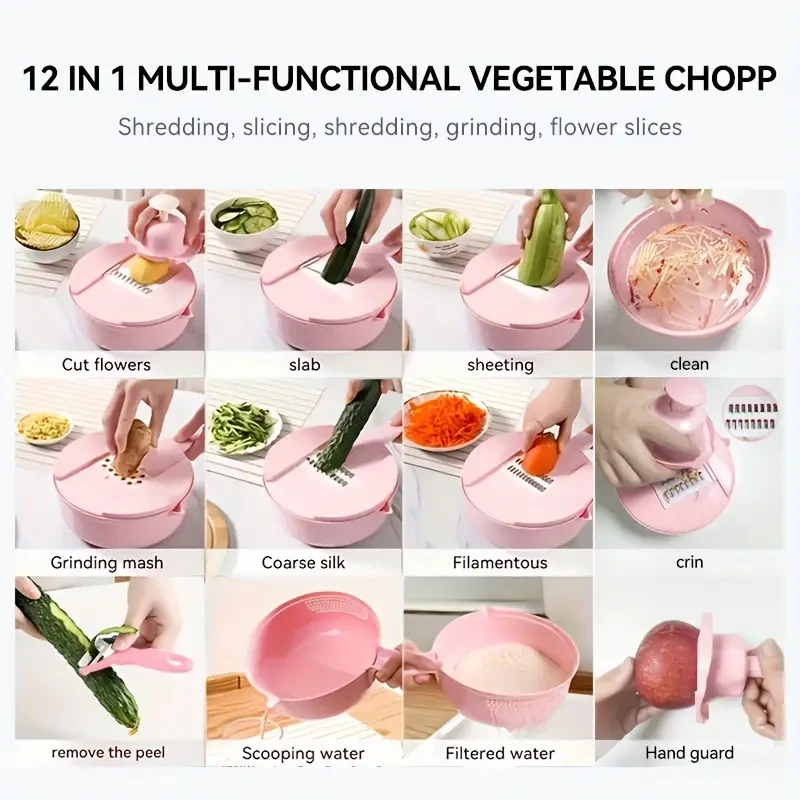 12-in-1 Multi-Functional Vegetable Chopper - Manual Slicer, Shredder, and Grater for Carrots, Potatoes, Radish