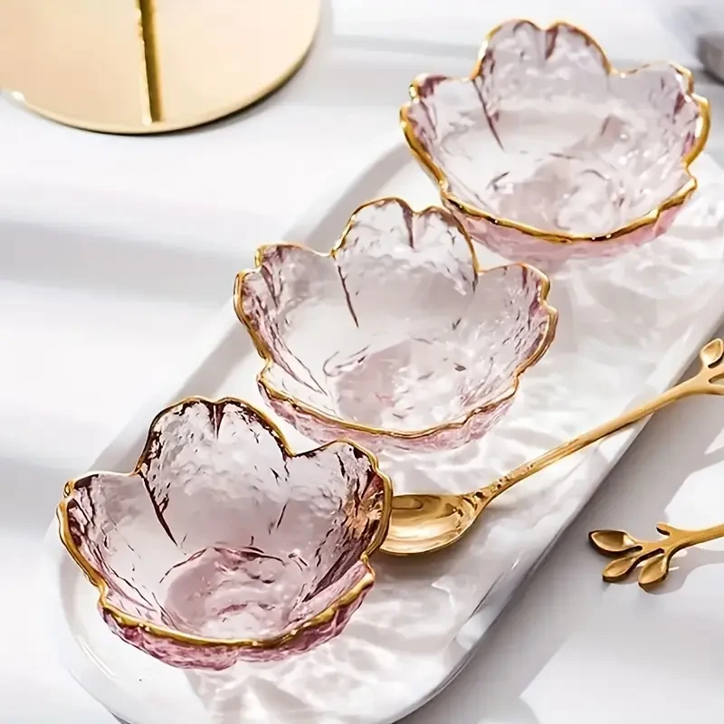 6pcs Cherry Blossom Glass Dipping Sauce Dishes with Golden Rim