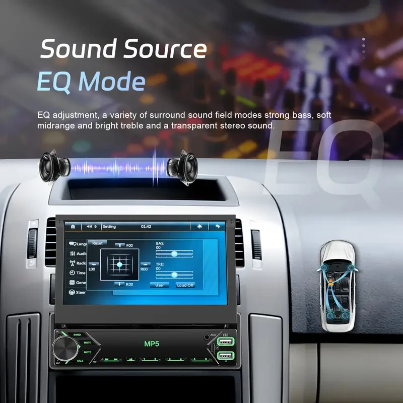 1DIN 17.78cm HD EQ Manual Retractable Monitor Car Radio Universal MP5 Stereo