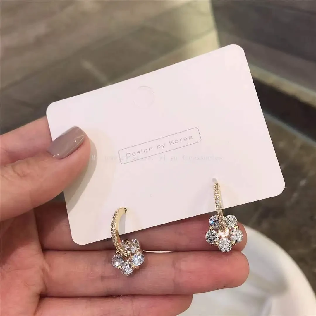 925 Silver Needle Temperament Crystal Flower Stud Earrings