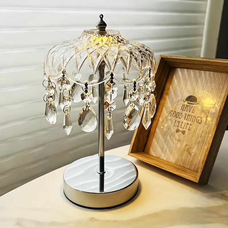 Elegant French Crystal Table Lamp - USB Powered, 3-Color Dimming, Geometric Design with Polished Metal Finish, Adjustable Brightness for Home Decor, Study, or Dining Accent Lighting, Retro Vibe, Durable and Stylish, Room Ambiance Enhancer | Geometric Patt