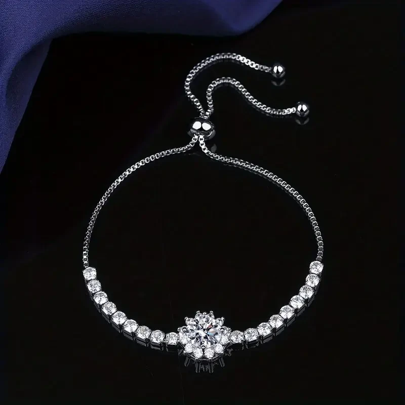 Elegant Moissanite Sunflower Adjustable Bracelet Luxury Silver-Plated with 2 Carat Center Stone & Moissanite Accents, Ideal for Halloween & Daily Wear