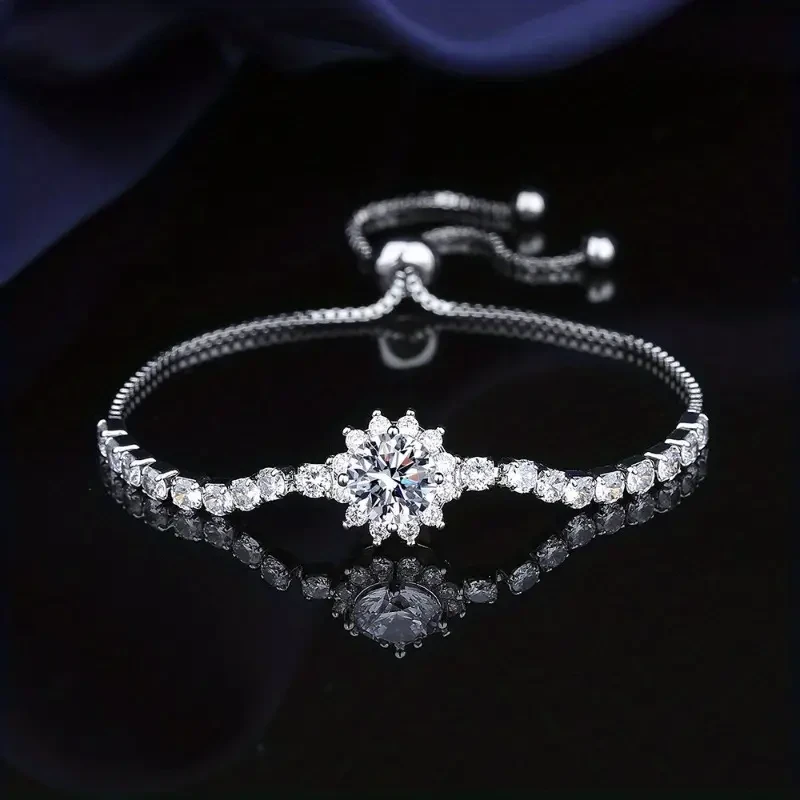 Elegant Moissanite Sunflower Adjustable Bracelet Luxury Silver-Plated with 2 Carat Center Stone & Moissanite Accents, Ideal for Halloween & Daily Wear