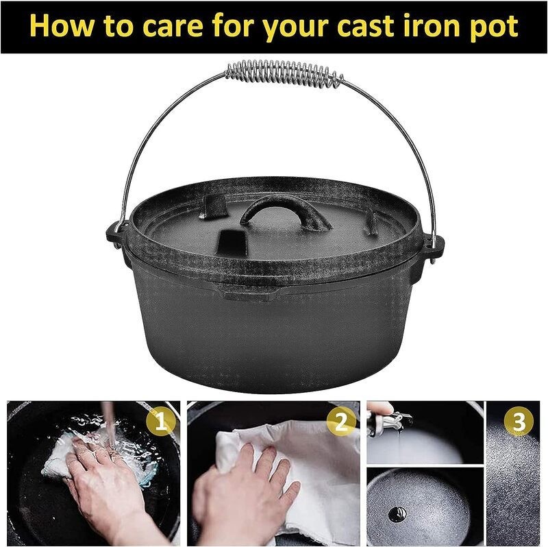 2 in 1 Cast Iron Dutch Oven Camping Pot Frying Pan Skillet Set