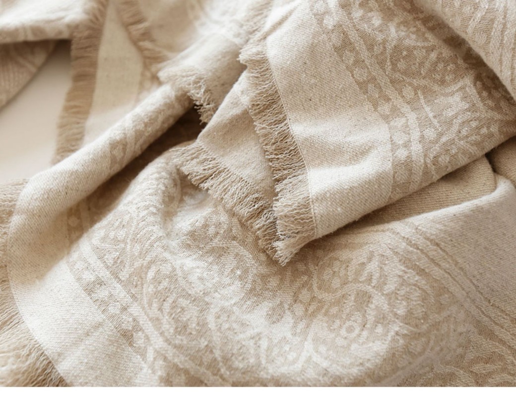 Jacquard Linen Cotton Bamboo Fiber Burrs Tassels Cover Blanket Sofa Tablecloth