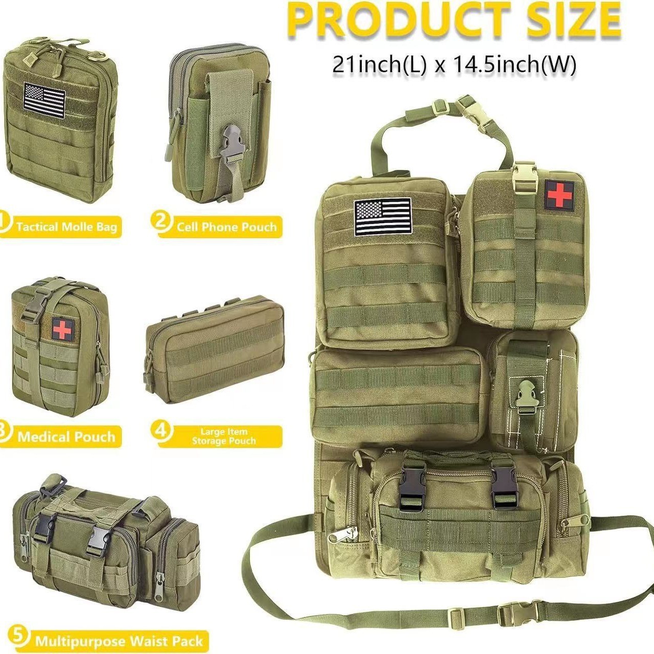 Tactical Backseat Car Organizer + 5 Molle Pouches