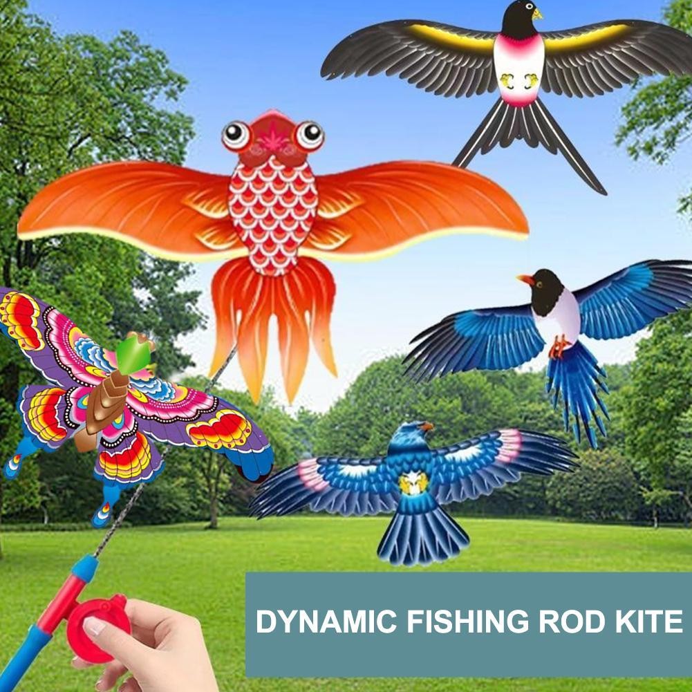 Childrens Kite Toy Cartoon Eagle & Butterfly Foldable Mini Kite with Hand Brake & Fishing Rod