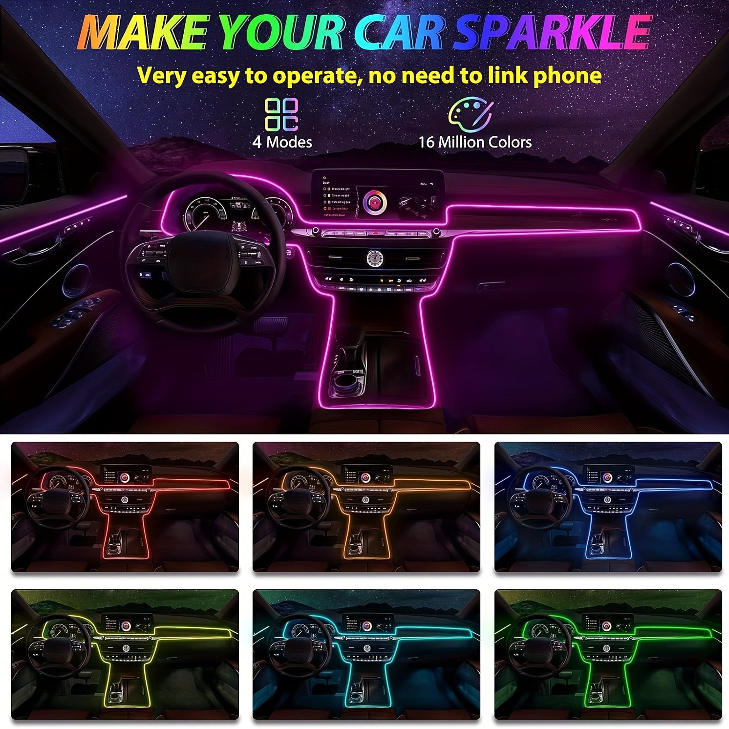 196 Inch Car Interior LED Strip Lights, RGB USB Ambient LED Lighting Kit with App Control, Fiber Optics & Music Sync Rhythm for Car Door, Console & Dashboard