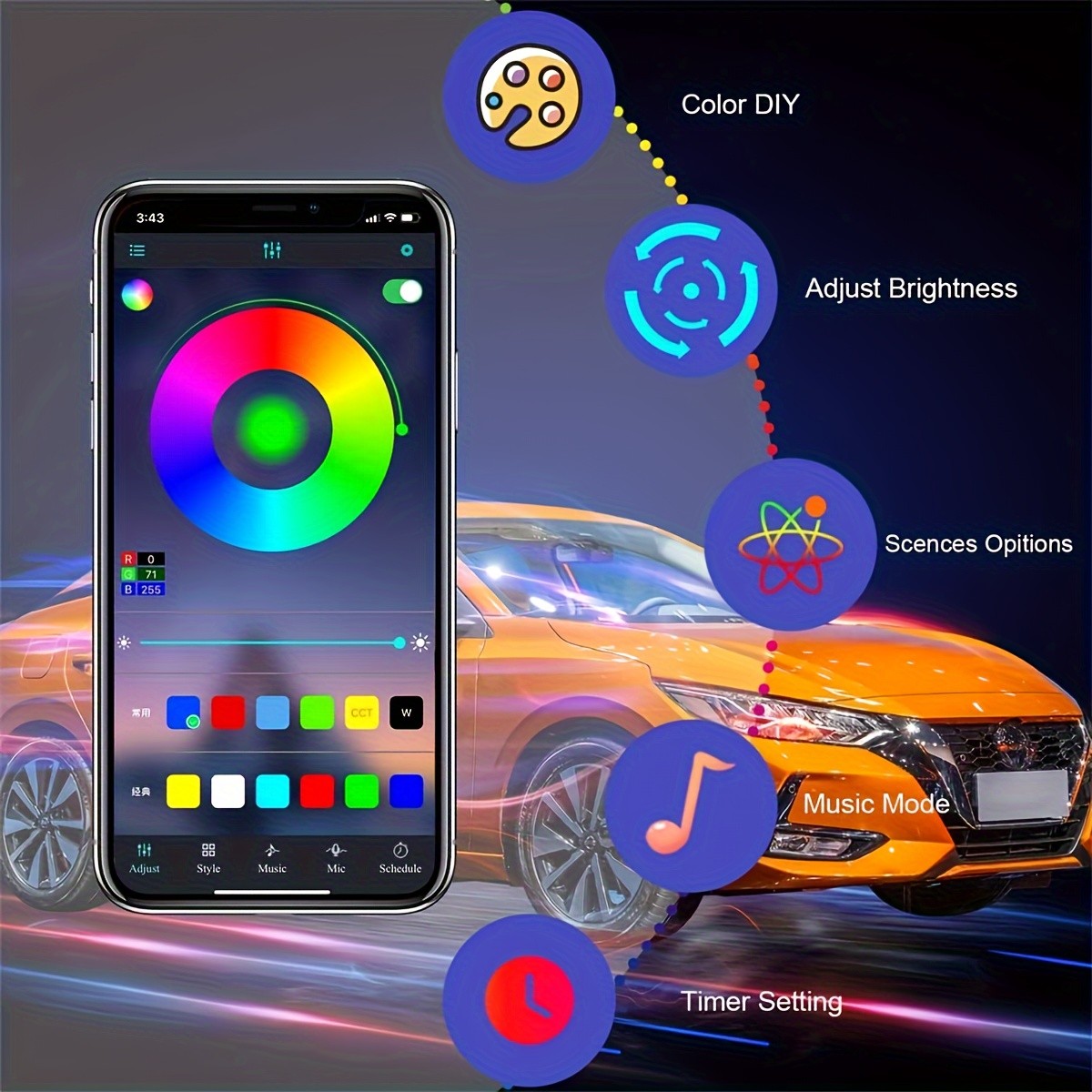 196 Inch Car Interior LED Strip Lights, RGB USB Ambient LED Lighting Kit with App Control, Fiber Optics & Music Sync Rhythm for Car Door, Console & Dashboard
