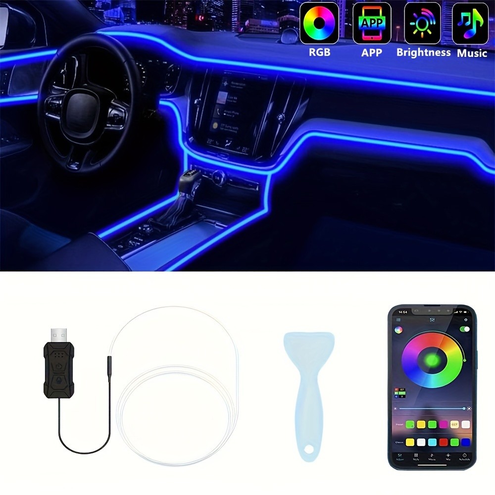 196 Inch Car Interior LED Strip Lights, RGB USB Ambient LED Lighting Kit with App Control, Fiber Optics & Music Sync Rhythm for Car Door, Console & Dashboard
