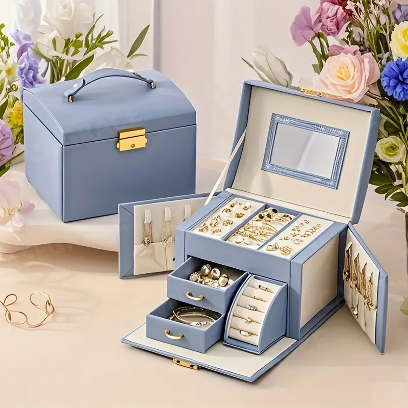 CASEGRACE Elegant Blue Faux Leather Jewelry Box