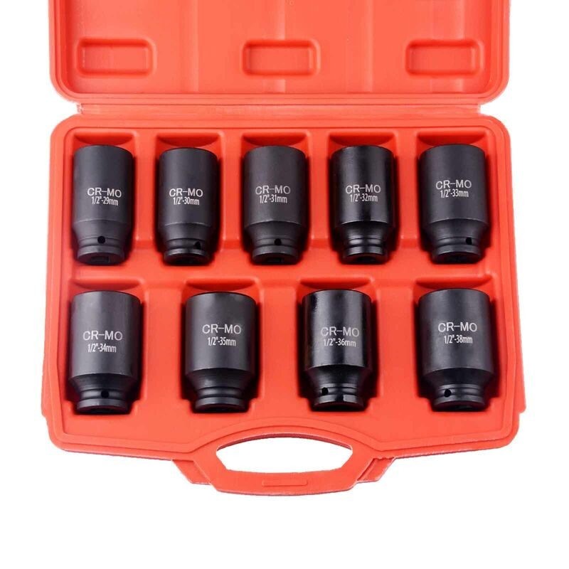 9pcs 1/2" Deep Impact Socket Set Axle Hub Nut Sockets 6-Point Metric