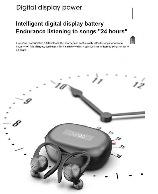 TWS Earphone, with Ear hook. HiFi Sound, Black