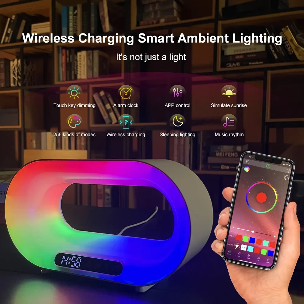 Multi-function 3 In 1 LED Night Light APP Control RGB Atmosphere Desk Lamp Smart Multifunctional Wireless Charger Alarm Clock SKU: CJJT191919601AZ Lists: 7279