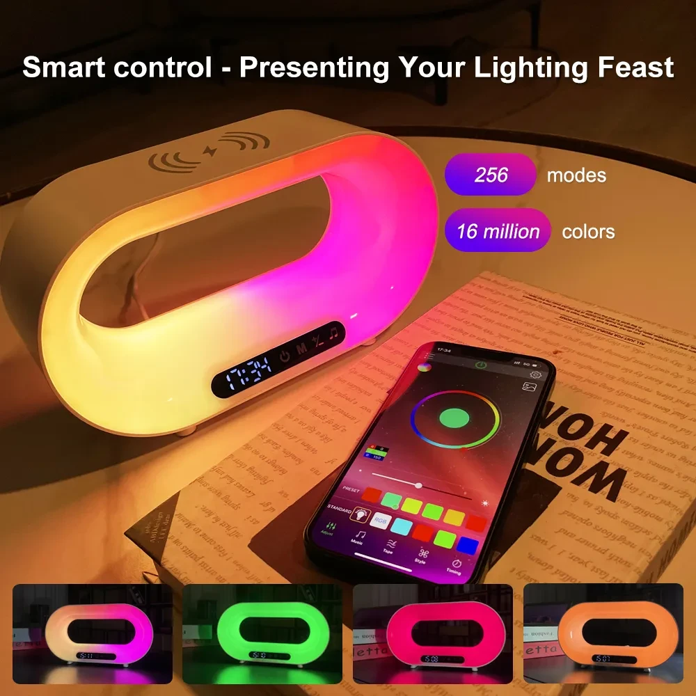 Multi-function 3 In 1 LED Night Light APP Control RGB Atmosphere Desk Lamp Smart Multifunctional Wireless Charger Alarm Clock SKU: CJJT191919601AZ Lists: 7279