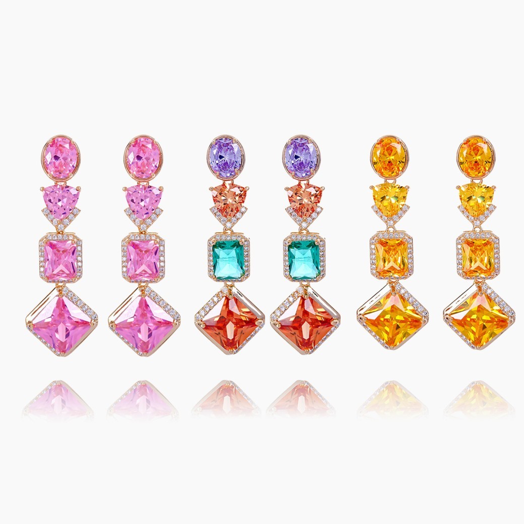 Tassel Geometric Water Drop Color Zircon 18K Gold Luxury Niche Temperament S925 Silver Stud Earrings