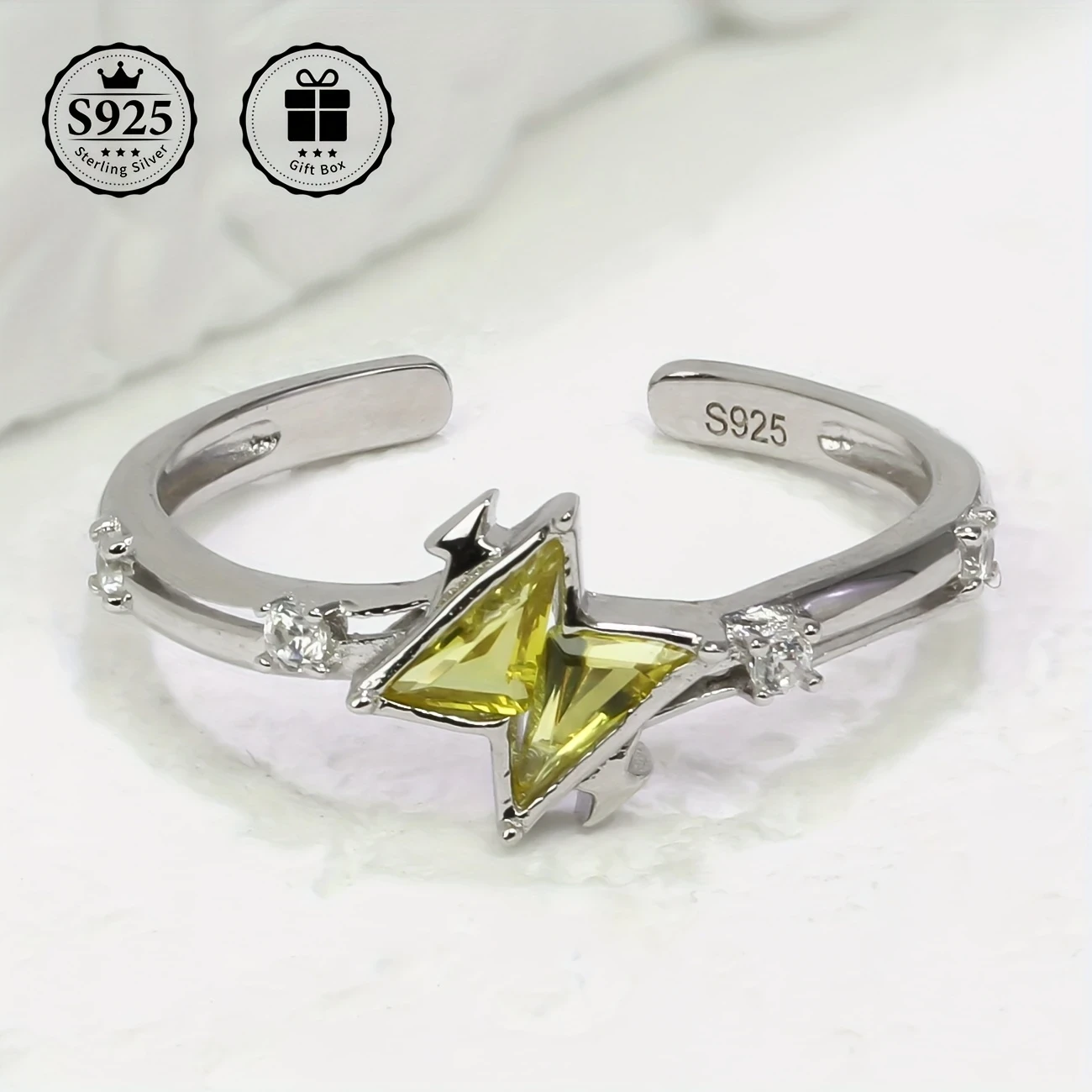 Adjustable S925 Silvery Ring with Elegant Blue Triangle Zirconia Faux Gemstones Perfect for Engagement, Weddings, Gifts, and Everyday Elegance