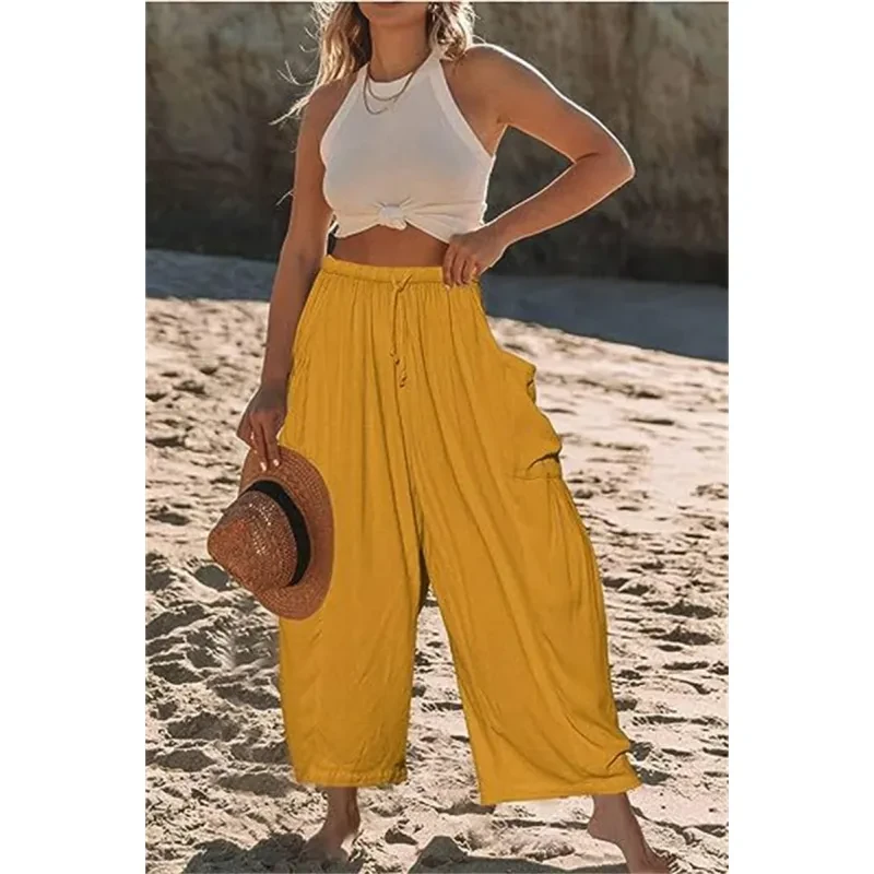 Fashion Wide Leg Pants Summer Loose Elastic High Waist Pleated Trousers