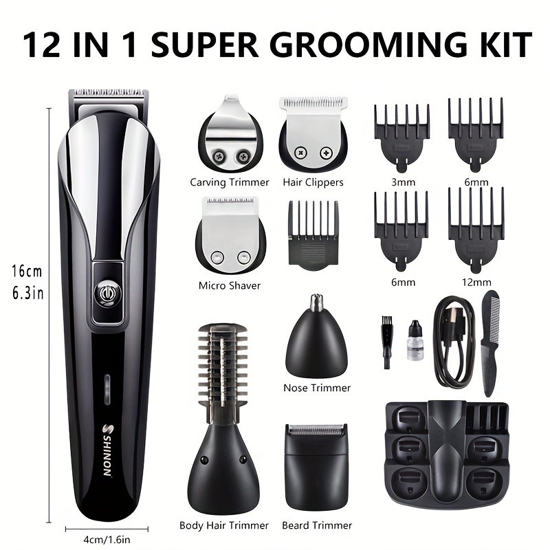 Hair Clipper Haircut 12-in-1 Beard Trimmer Electric Trimmer Professional Shaver Cordless Hair Grooming Set USB Rechargeable Precision Convenient Hair Clipper Suitable for Adults and Kids