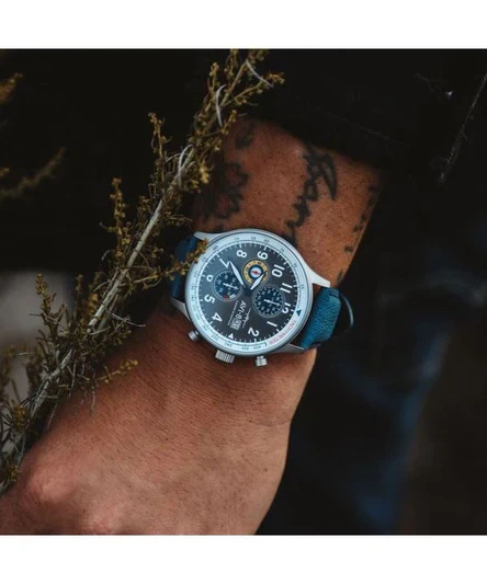 AVI-8 Hawker Hurricane Classic Chronograph Pennant Blue Leather Strap Grey Dial Quartz AV-4011-0F Men's Watch