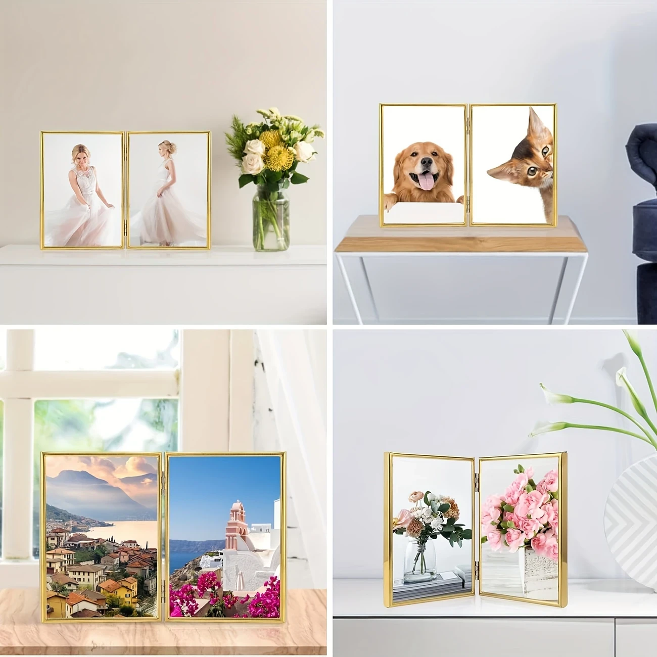 Picture Frame Double Hinged Gold Metal Thin Edge Frame with High Definition Glass Front Folding Frames Stand Vertically on Tabletop for Portraits & Landscapes