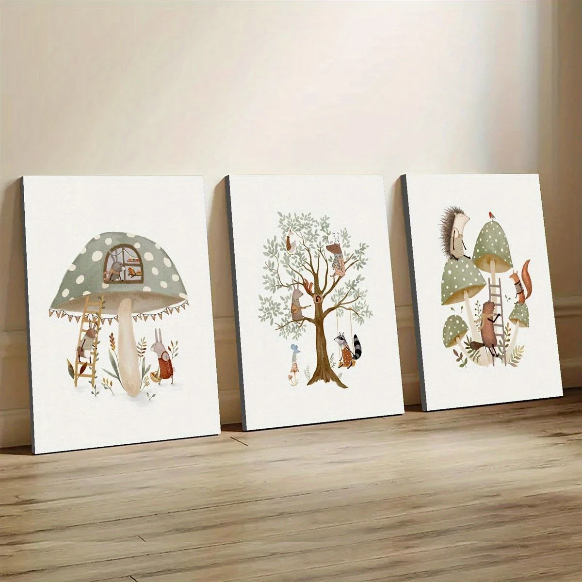 3pcs Wooden Framed Whimsical Art Prints Woodland Animal Murals