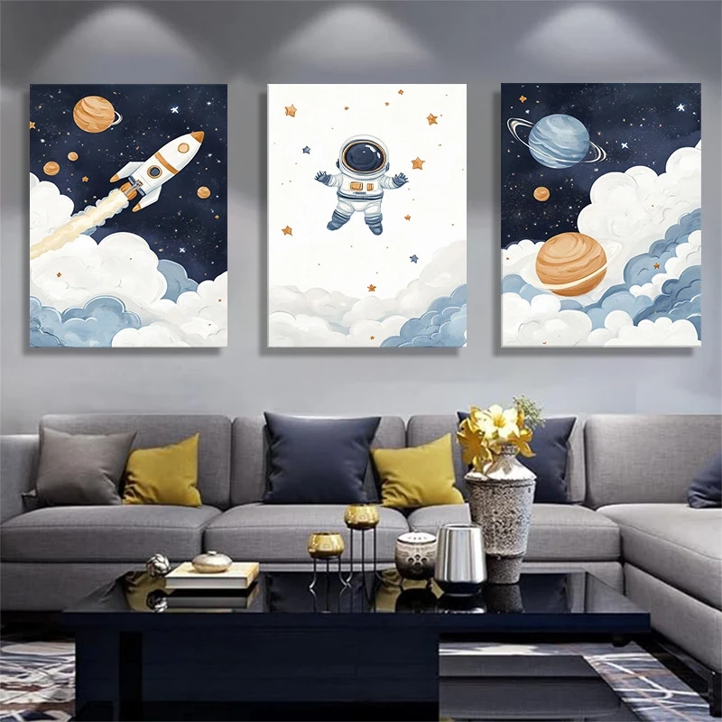 3pcs Space Adventure Wall Art Cute Astronaut & Rocket in Outer Space Canvas Prints