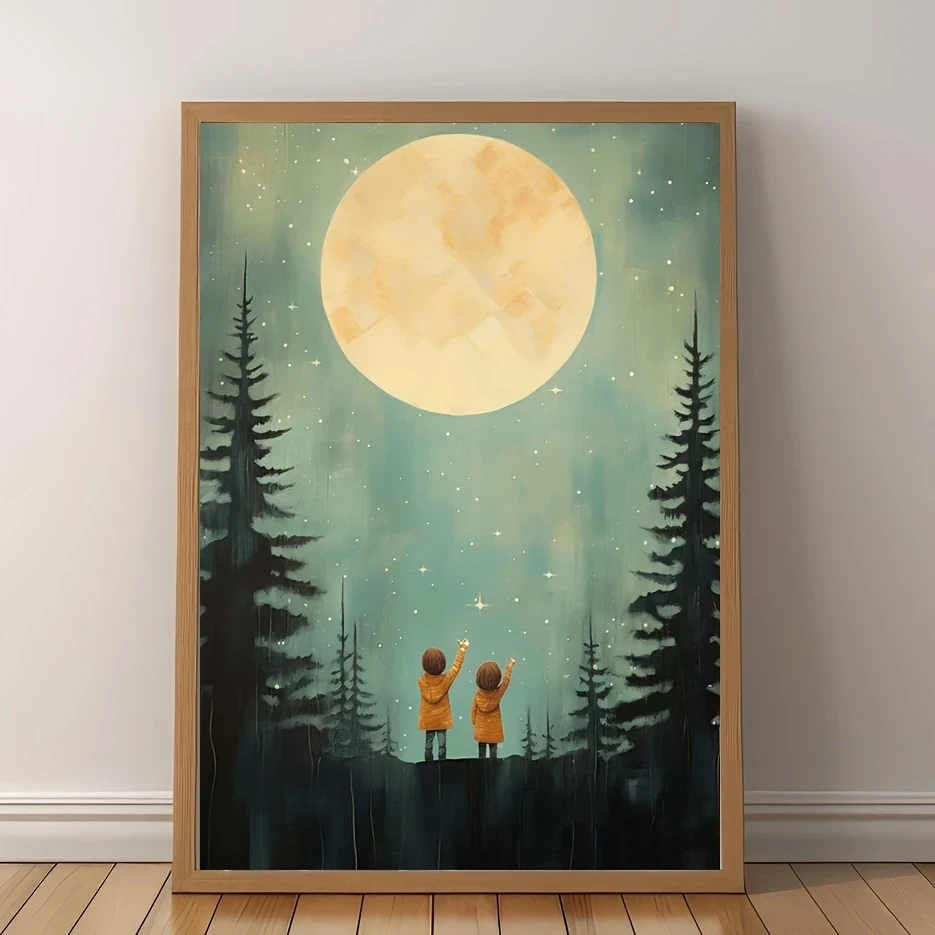 Starry Night Adventure 30.48X40.64cm Frameless Canvas Art Siblings & Forest Stars Print