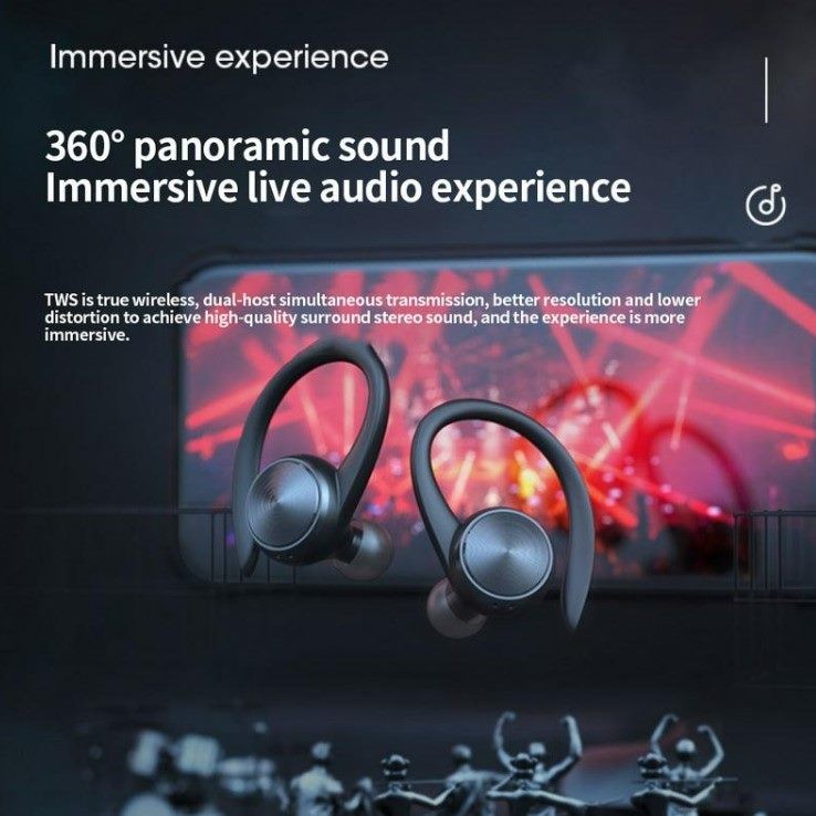 TWS Earphone, with Ear hook. HiFi Sound, Black