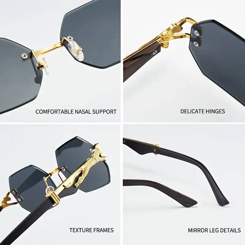 Vintage Rimless Polygonal Glasses with Leopard Temples