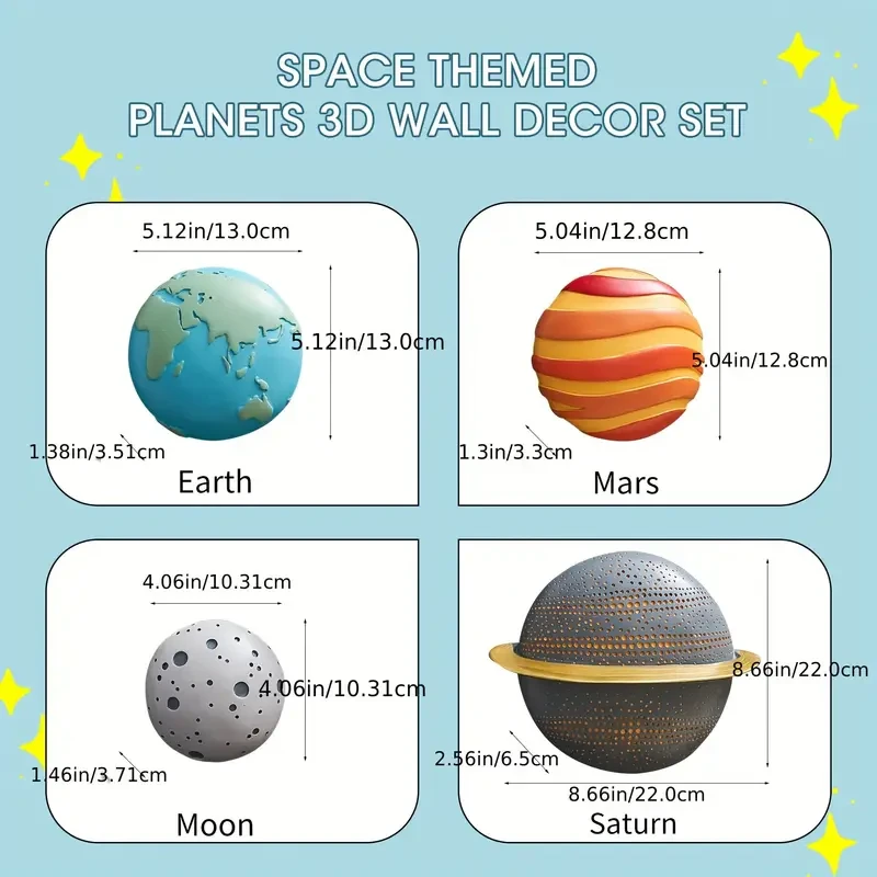 4pcs Modern Outer Space Planets Wall Decor 3D Planet Earth Solar System Sculptures for a Celestial-Themed Room