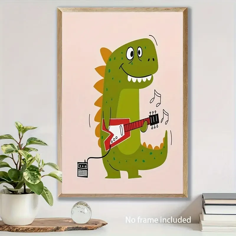 Funny Dinosaur Playing Guitar Canvas Art Print Whimsical 12x18 Inch Wall Decor for Kids' Rooms