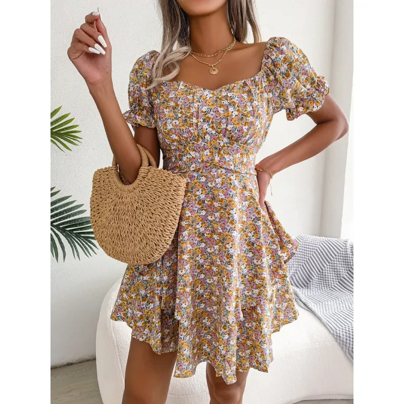Women Mini Dress Temperament Big Swing Loose Hem Flower Print Shirring Dress Up Short Sleeves High Waist Summer Dress Clothes