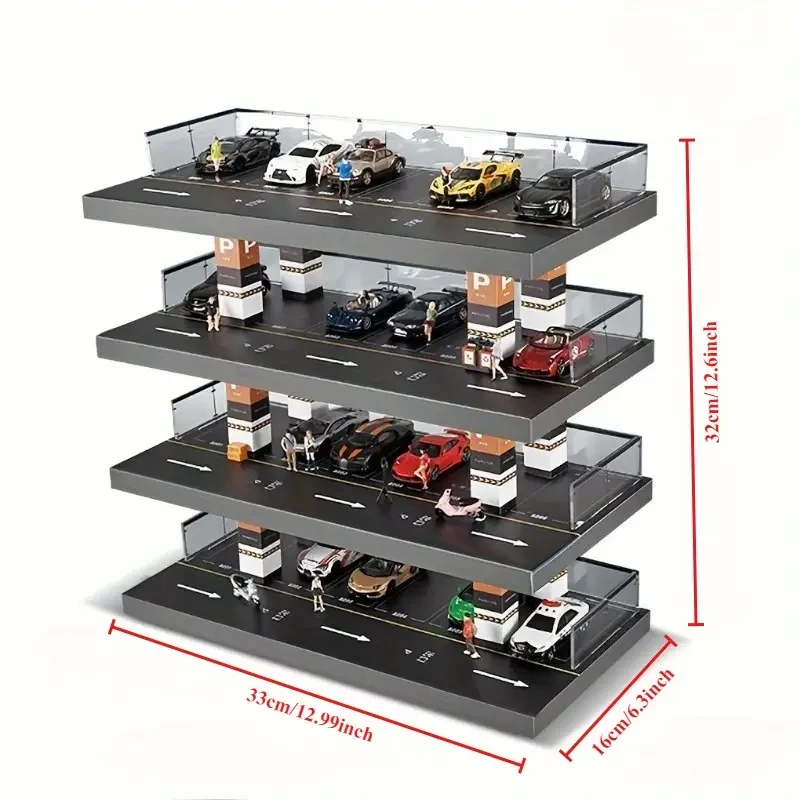 4-Tier 1/64 Scale Acrylic Parking Garage Display with Solid Wood Transparent Collection & Storage Cabinet for Die-Cast Cars, Educational Stacking Toy, Easy Organization, Ideal for Collectors Ages 14+